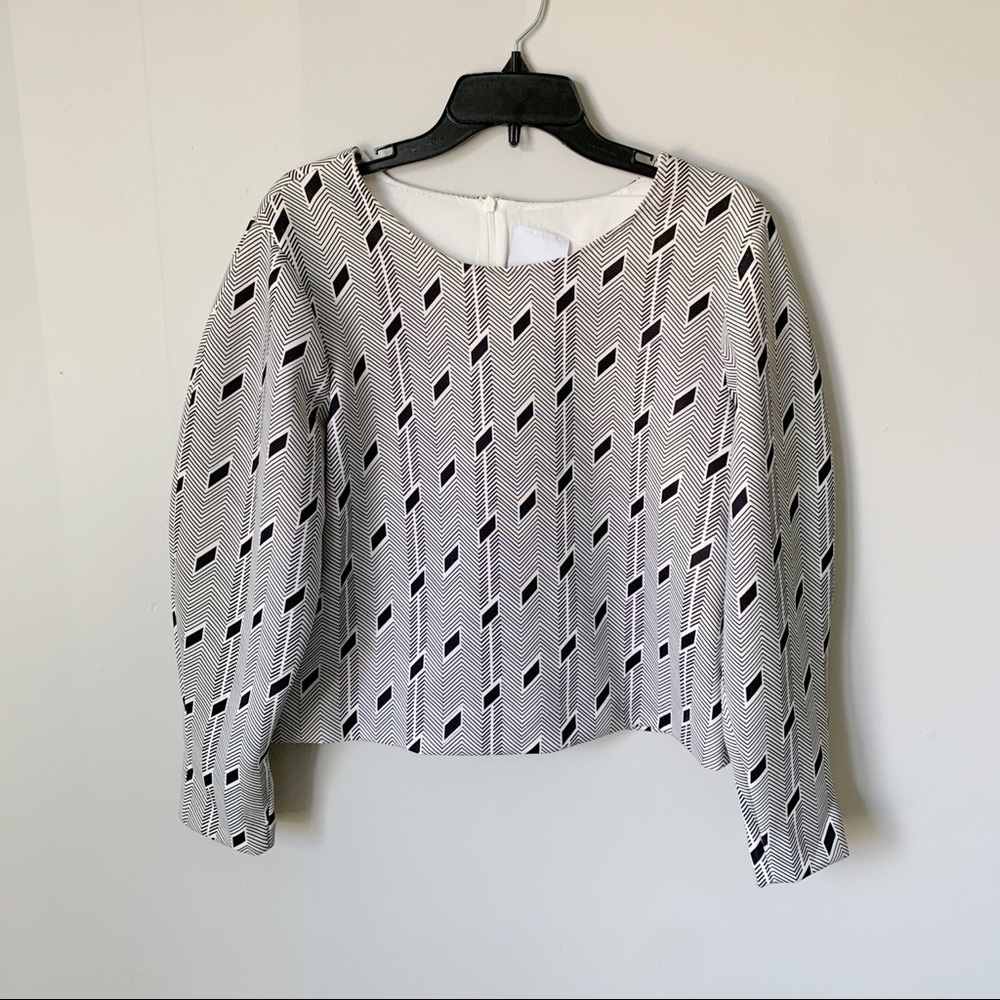 C/MEO // Black, White Geo Print Puff Sleeve Top S